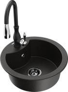 Mexen Diego vienos sekcijos granito plautuvė su virtuviniu čiaupu Savita, juoda/auksinis metalikas - 6512-75-672601-70-B