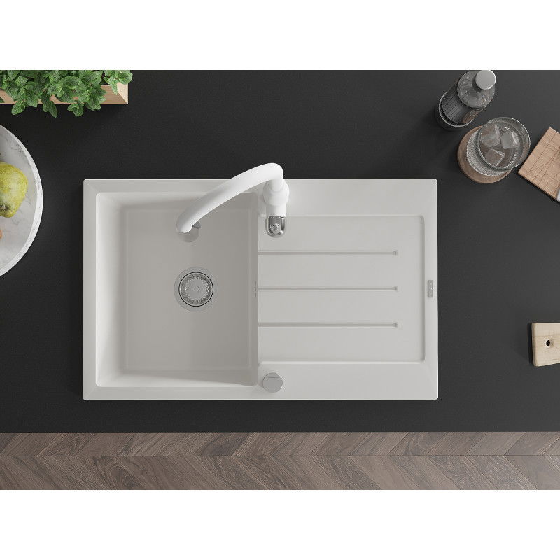 Mexen Bruno vienos komoros granito plautuvė su nusausintuvu ir virtuviniu maišytuvu Savita, balta - 6513-20-672601-20