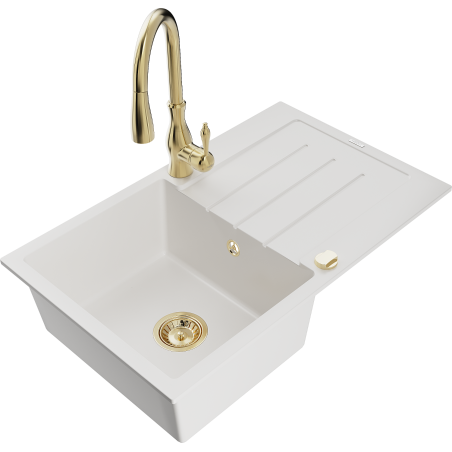 Mexen Bruno granitinė plautuvė vienos kameros su nusausintuvu ir virtuviniu maišytuvu Savita, balta - 6513-20-672601-50