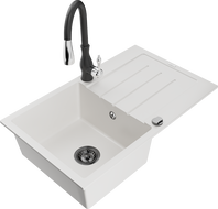 Mexen Bruno granito plautuvė 1 skyriumi su lašintuvu ir virtuviniu maišytuvu Savita, balta - 6513-20-672601-70