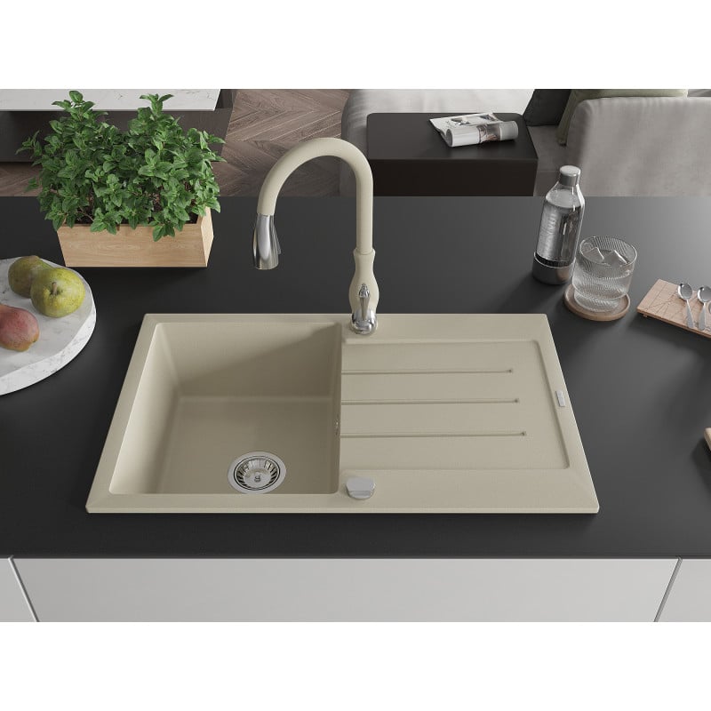 Mexen Bruno vienos kameros granitinė kriauklė su džiovikliu ir virtuviniu maišytuvu Savita, smėlio spalvos