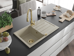 Mexen Bruno granito plautuvė su viena kamera ir nutekėjimu bei virtuvės maišytuvu Savita, smėlio spalvos - 6513-69-672601-50