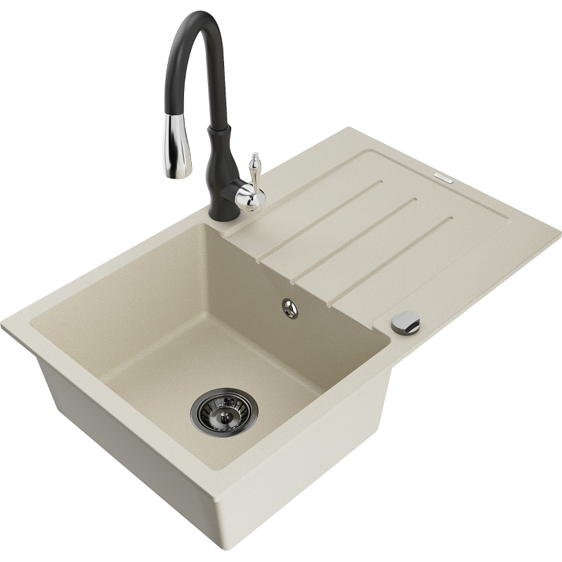 Mexen Bruno granitinė vienos kameros plautuvė su nutekėjimo ir virtuviniu čiaupu Savita, smėlio spalvos - 6513-69-672601-70