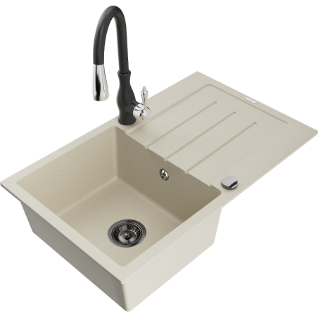 Mexen Bruno granitinė vienos kameros plautuvė su nutekėjimo ir virtuviniu čiaupu Savita, smėlio spalvos - 6513-69-672601-70