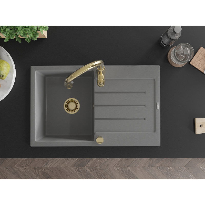 Mexen Bruno vienos kameros granitinė plautuvė su nutekamuoju indu ir Savita virtuviniu maišytuvu, pilka - 6513-71-672601-50