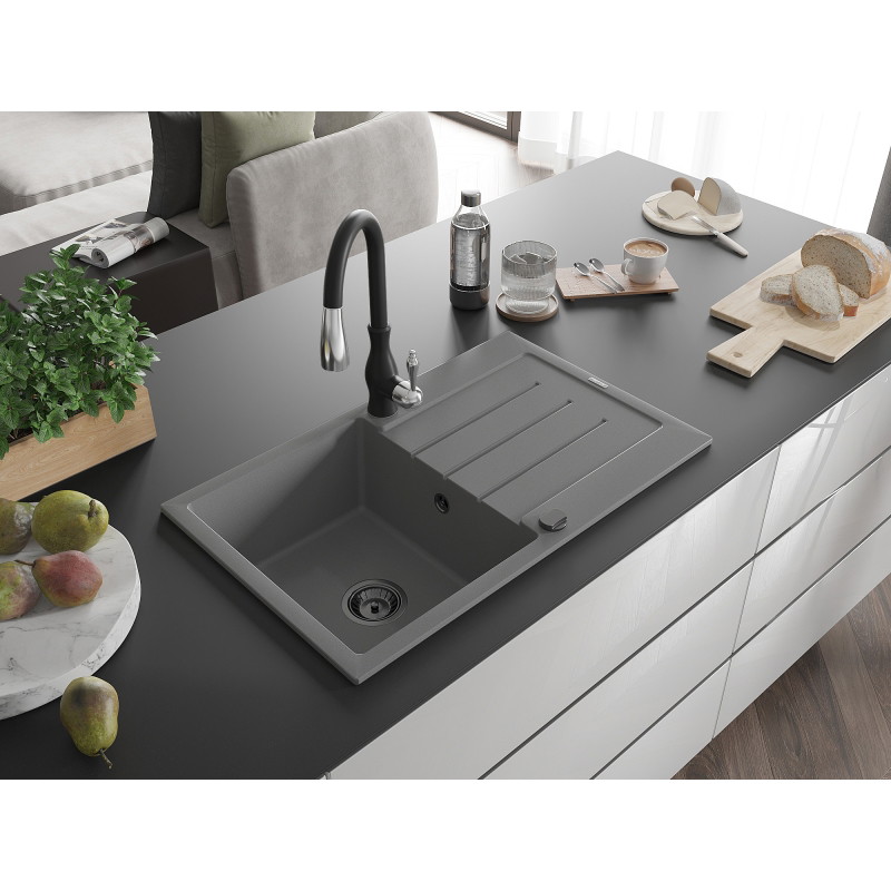Mexen Bruno granitinė vienos sekcijos plautuvė su nusausintuvu ir virtuvine čiaupo sistema Savita, pilka