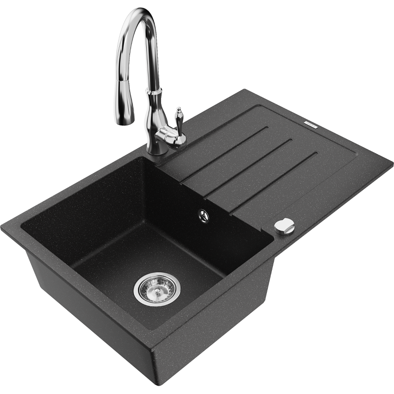 Mexen Bruno 1 kameros granitinė plautuvė su nuvarvėjimu ir virtuvės maišytuvu Savita, juoda/sidabrinė metalo spalva