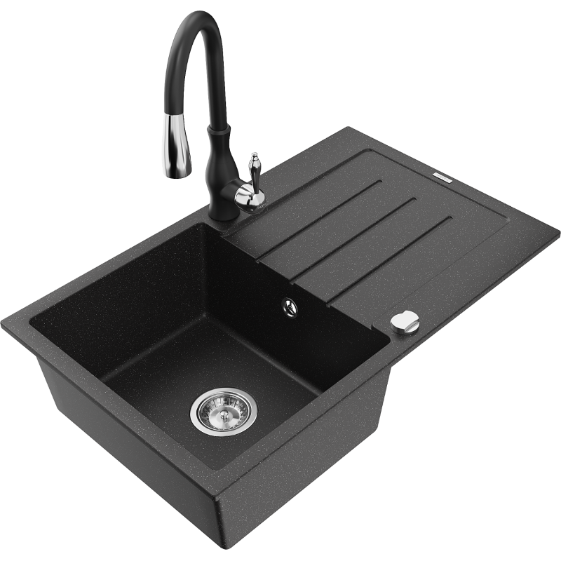 Mexen Bruno granitinė virtuvės kriauklė su vienu skyriumi, su lašėjimo plokšte ir virtuvės maišytuvu Savita,