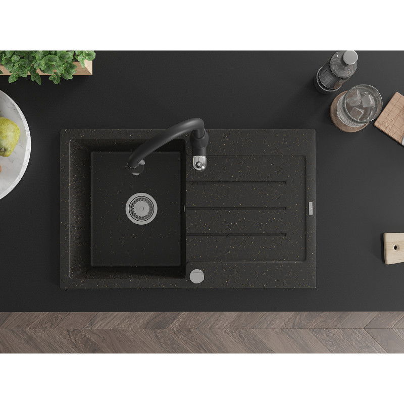 Mexen Bruno granitinė vienos kameros kriauklė su nusausintuvu ir virtuvės maišytuvu Savita, juoda/aukso metalo spalvos