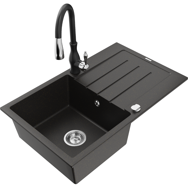 Mexen Bruno granitinė vienos kameros kriauklė su nusausintuvu ir virtuvės maišytuvu Savita, juoda/aukso metalo spalvos