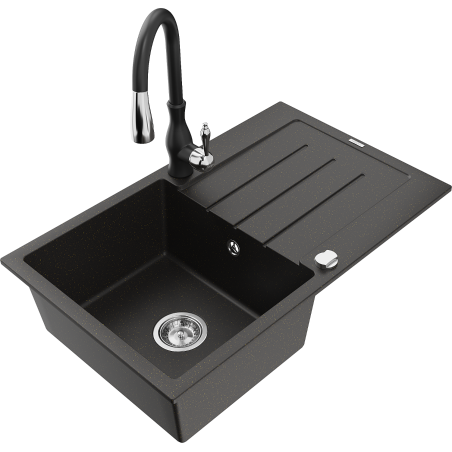 Mexen Bruno granitinė vienos kameros kriauklė su nusausintuvu ir virtuvės maišytuvu Savita, juoda/aukso metalo spalvos