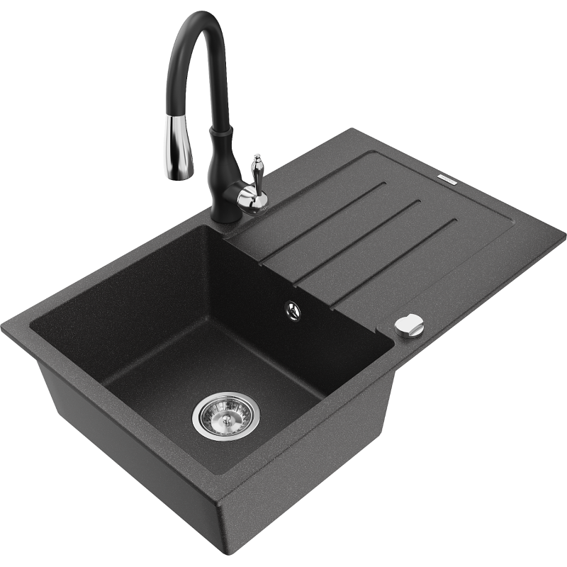 Mexen Bruno granitinė vieno dubenio kriauklė su drenažu ir virtuviniu maišytuvu Savita, juoda taškuota - 6513-76-672601-70