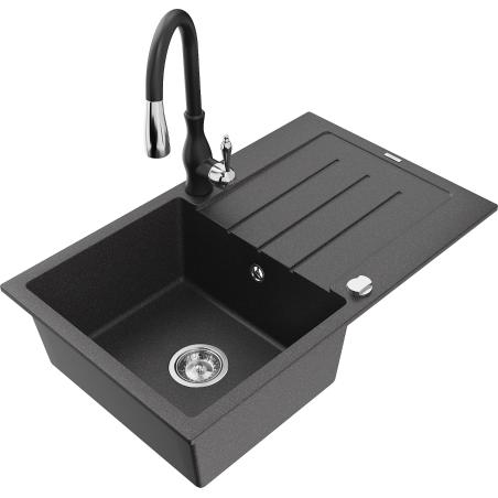 Mexen Bruno granitinė vieno dubenio kriauklė su drenažu ir virtuviniu maišytuvu Savita, juoda taškuota - 6513-76-672601-70