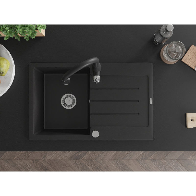 Mexen Bruno 1 skyriuas granitinė plautuvė su nusausintuvu ir virtuviniu maišytuvu Savita, juoda - 6513-77-672601-70