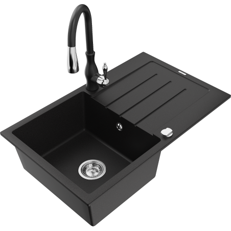 Mexen Bruno 1 skyriuas granitinė plautuvė su nusausintuvu ir virtuviniu maišytuvu Savita, juoda - 6513-77-672601-70