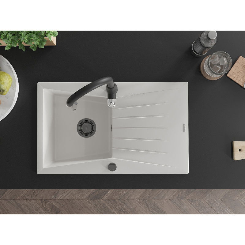 Mexen Cesar granito kriauklė su 1 skyriumi džiovinimo lentyna ir virtuvės maišytuvu Savita, balta - 6514-20-672601-70