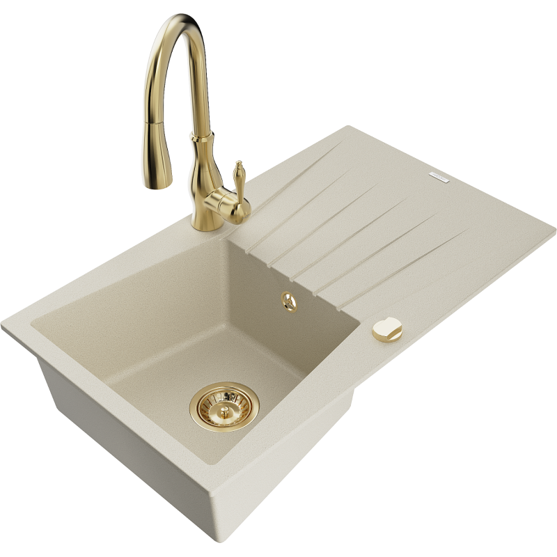 Mexen Cesar granitinė vienos plautuvės kriauklė su nusausintuvu ir virtuviniu maišytuvu Savita, smėlio spalvos