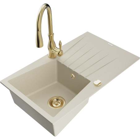 Mexen Cesar granitinė vienos plautuvės kriauklė su nusausintuvu ir virtuviniu maišytuvu Savita, smėlio spalvos