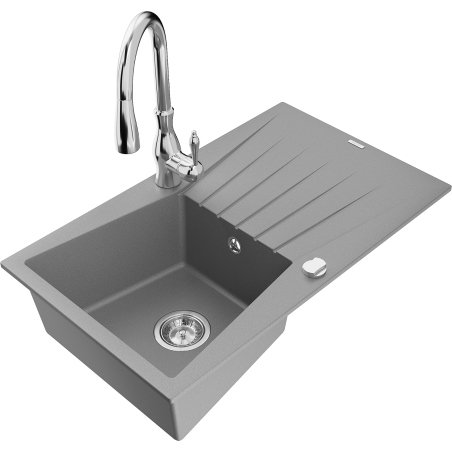 Mexen Cesar granitinis vienos sekcijos plautuvė su nusausinimo vieta ir virtuviniu maišytuvu Savita, pilkas - 6514-71-672601-00