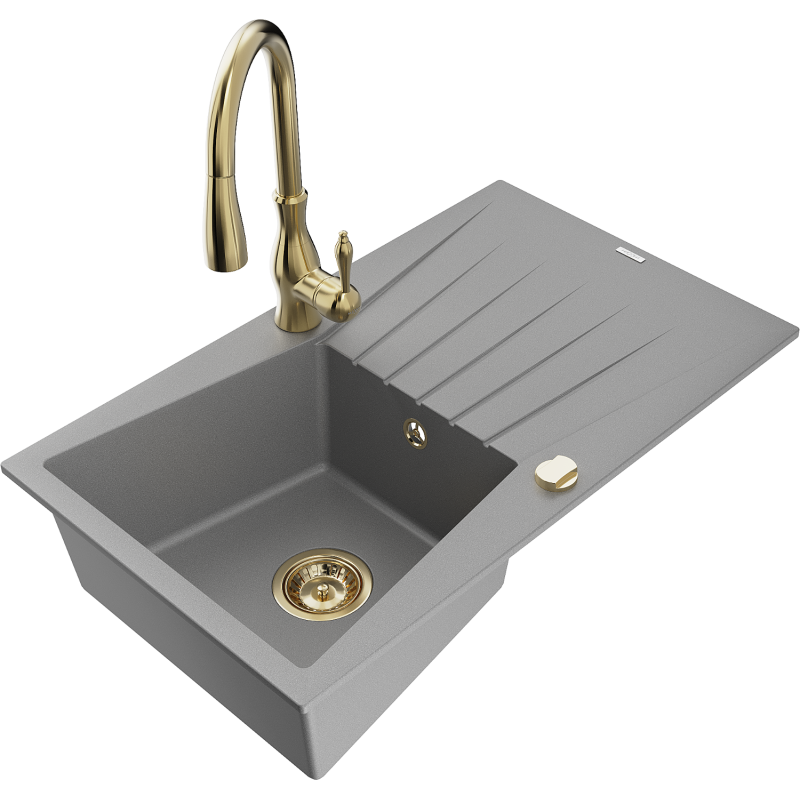 Mexen Cesar granitinė plautuvė su viena kamera, nutekėjimu ir virtuviniu maišytuvu Savita, pilka - 6514-71-672601-50