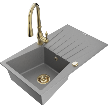 Mexen Cesar granitinė plautuvė su viena kamera, nutekėjimu ir virtuviniu maišytuvu Savita, pilka - 6514-71-672601-50