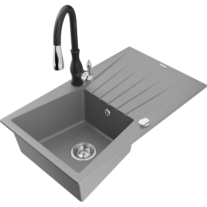 Mexen Cesar granito kriauklė, 1 skyrius, su lašintuvu ir virtuviniu maišytuvu Savita, pilka - 6514-71-672601-70