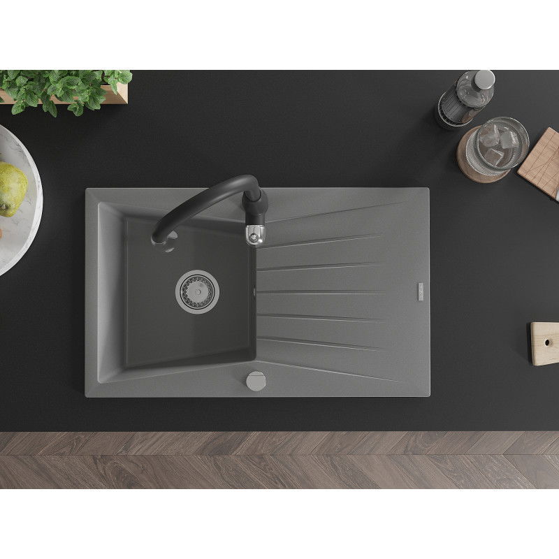 Mexen Cesar granito kriauklė, 1 skyrius, su lašintuvu ir virtuviniu maišytuvu Savita, pilka - 6514-71-672601-70