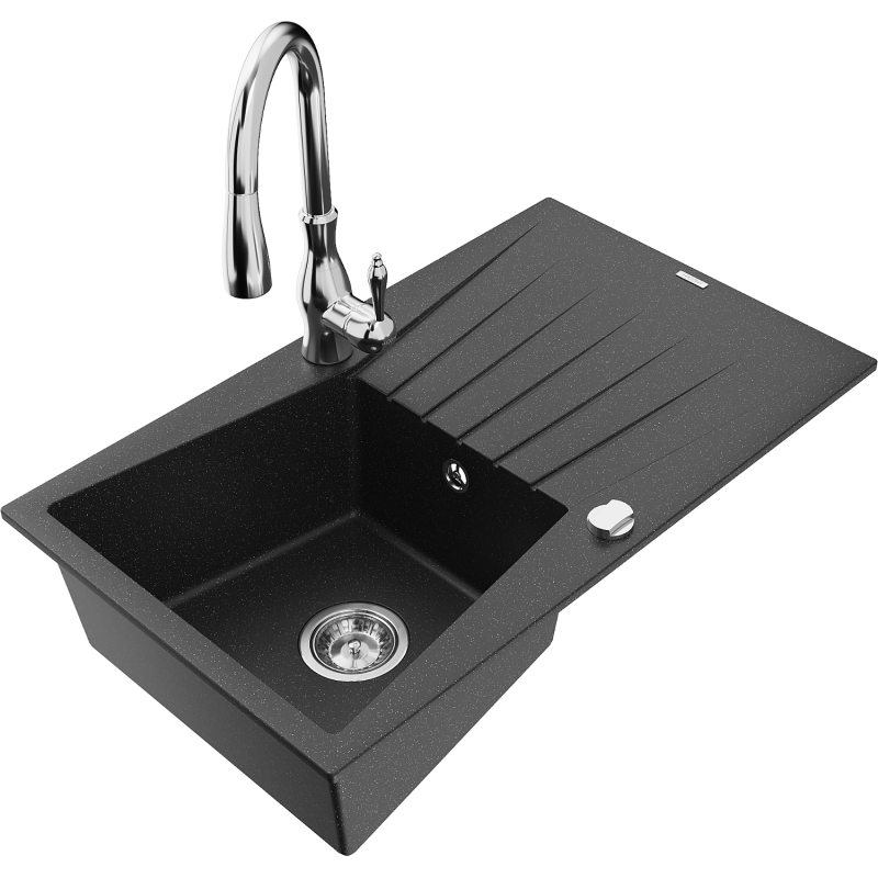 Mexen Cesar granitinė vienos kameros kriauklė su nutekėjimu ir virtuviniu maišytuvu Savita, juoda/sidabrinė metaliko spalva