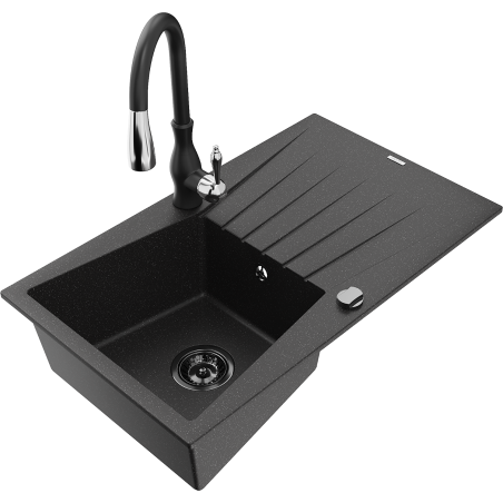 Mexen Cesar granitinė vienos kameros kriauklė su nutekėjimu ir virtuviniu maišytuvu Savita, juoda/sidabrinė