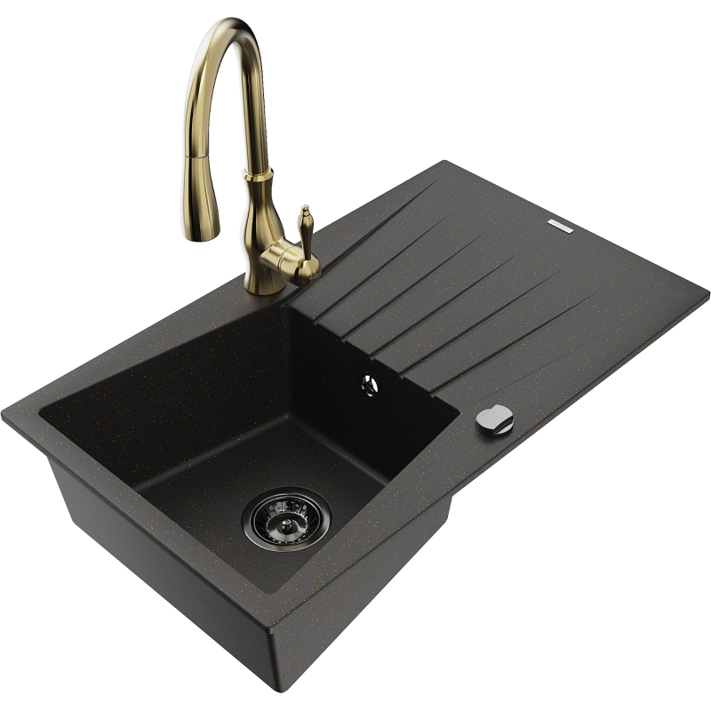 Mexen Cesar vienos plautuvės granitinė kriauklė su nusausintuvu ir virtuviniu maišytuvu Savita, juoda/aukso metalo