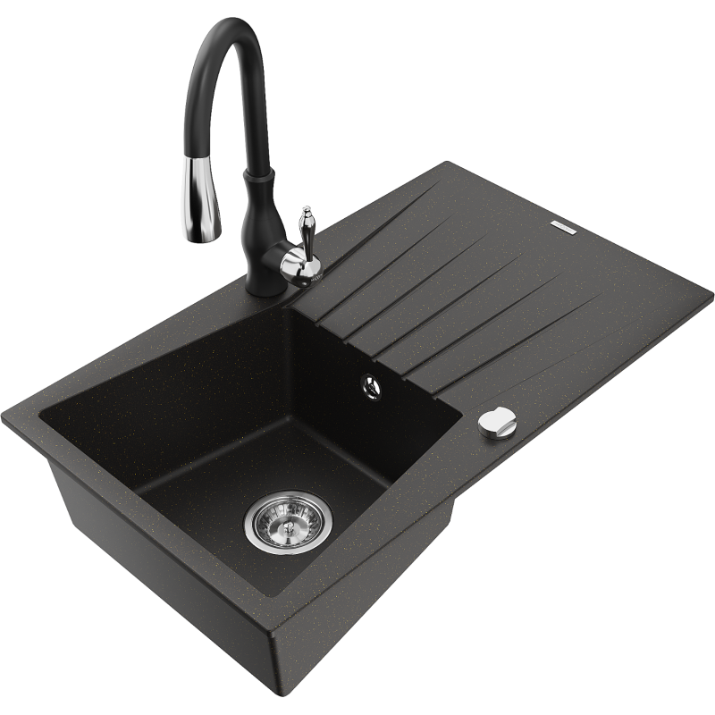 Mexen Cesar granitinė vienos kameros kriauklė su nutekamąja zona ir virtuvine maišytuvu Savita, juoda/auksinė metalikas