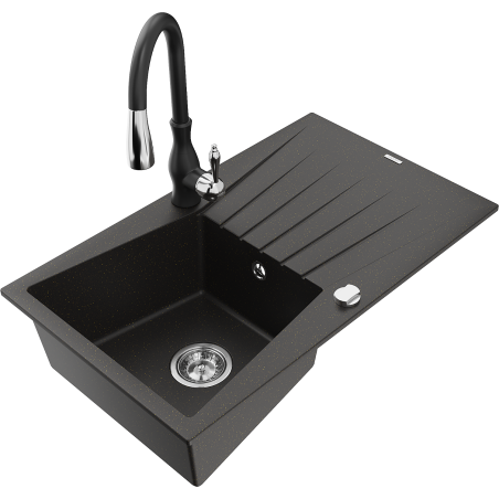 Mexen Cesar granitinė vienos kameros kriauklė su nutekamąja zona ir virtuvine maišytuvu Savita, juoda/auksinė metalikas