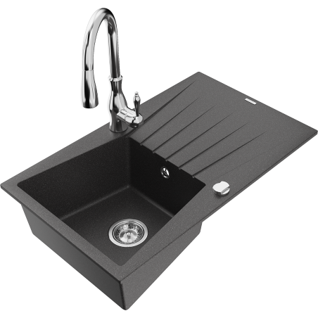 Mexen Cesar 1 dubens granitinė virtuvinė kriauklė su nutekėjimu ir virtuviniu maišytuvu Savita, juoda su dėmėmis