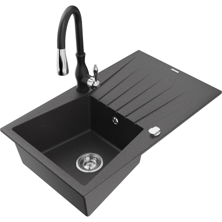 Mexen Cesar granitinė vienos sekcijos plautuvė su nusausintuvu ir virtuviniu maišytuvu 'Savita', juoda su dėmėmis