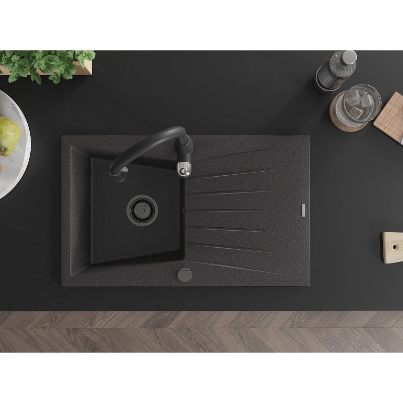 Mexen Cesar granitinė vienos kameros kriauklė su drenažu ir virtuviniu maišytuvu Savita, juoda su taškeliais