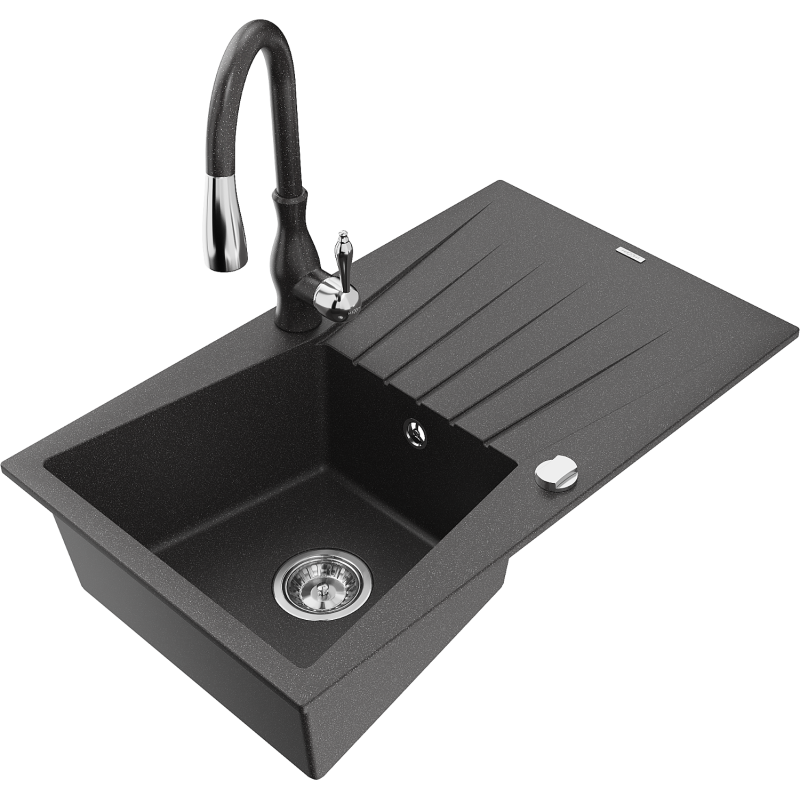 Mexen Cesar vieno dubens granitinė kriauklė su nutekamąja dalimi ir virtuviniu maišytuvu Savita, juoda taškuota