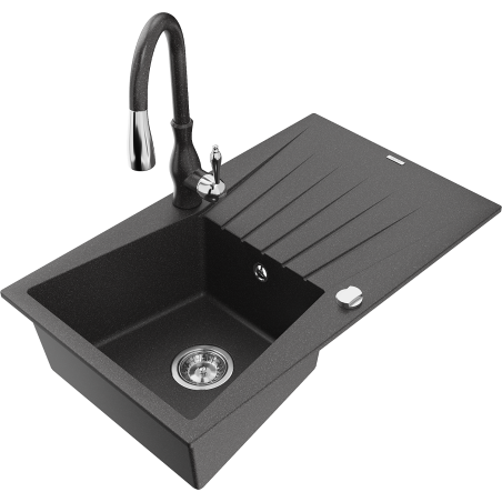 Mexen Cesar vieno dubens granitinė kriauklė su nutekamąja dalimi ir virtuviniu maišytuvu Savita, juoda taškuota