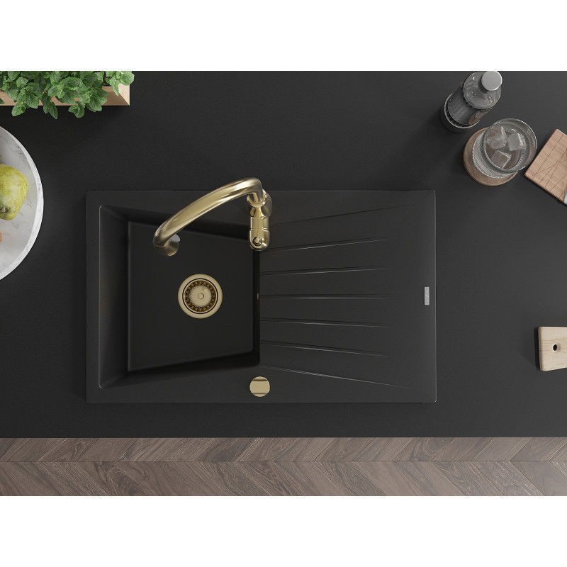 Mexen Cesar granitinis vienos dubens plautuvės su Nutekėjimo pultu ir virtuvės maišytuvu Savita, juoda - 6514-77-672601-50