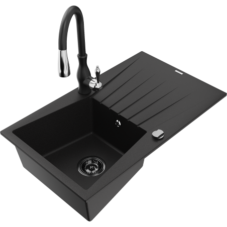 Mexen Cesar granito virtuvės kriauklė 1-aukštė su nusausintuvu ir virtuviniu maišytuvu Savita, juoda - 6514-77-672601-70-B