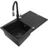 Mexen Cesar granito virtuvės kriauklė 1-aukštė su nusausintuvu ir virtuviniu maišytuvu Savita, juoda - 6514-77-672601-70-B