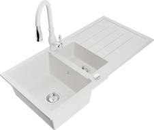 Mexen Andres granito plautuvė 1,5 kamerų su nutekėjimo lenta ir virtuviniu maišytuvu Savita, balta - 6515-20-672601-20