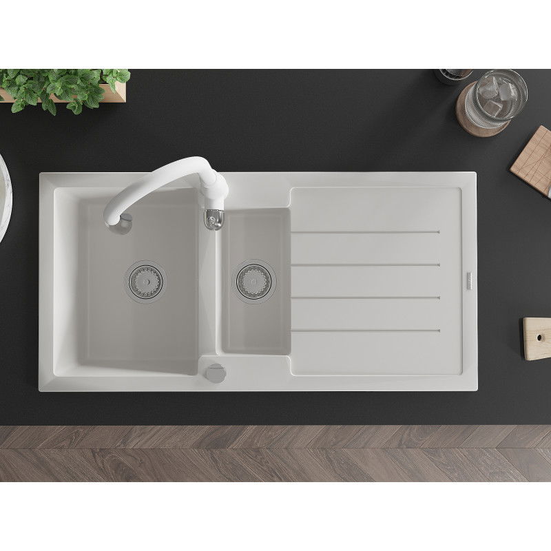 Mexen Andres granito plautuvė 1,5 kamerų su nutekėjimo lenta ir virtuviniu maišytuvu Savita, balta - 6515-20-672601-20