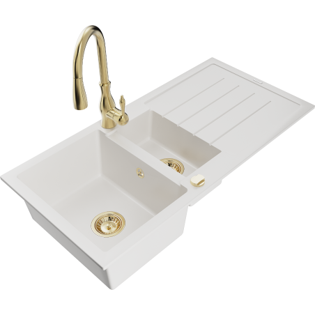 Mexen Andres granitinė 1,5 kamerų plautuvė su nusausintuvu ir virtuviniu maišytuvu Savita, balta - 6515-20-672601-50