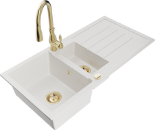 Mexen Andres granitinė 1,5 kamerų plautuvė su nusausintuvu ir virtuviniu maišytuvu Savita, balta - 6515-20-672601-50