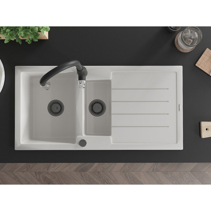 Mexen Andres granito plautuvė 1,5 kameros su indų džiovykle ir virtuvės maišytuvu Savita, balta - 6515-20-672601-70