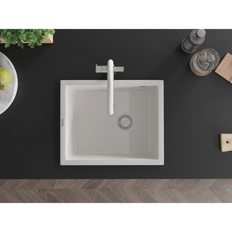 Mexen Pedro granitinė kriauklė 1 skyrelio 560 x 460 mm, balta, chromuotas sifonas - 6508561000-20