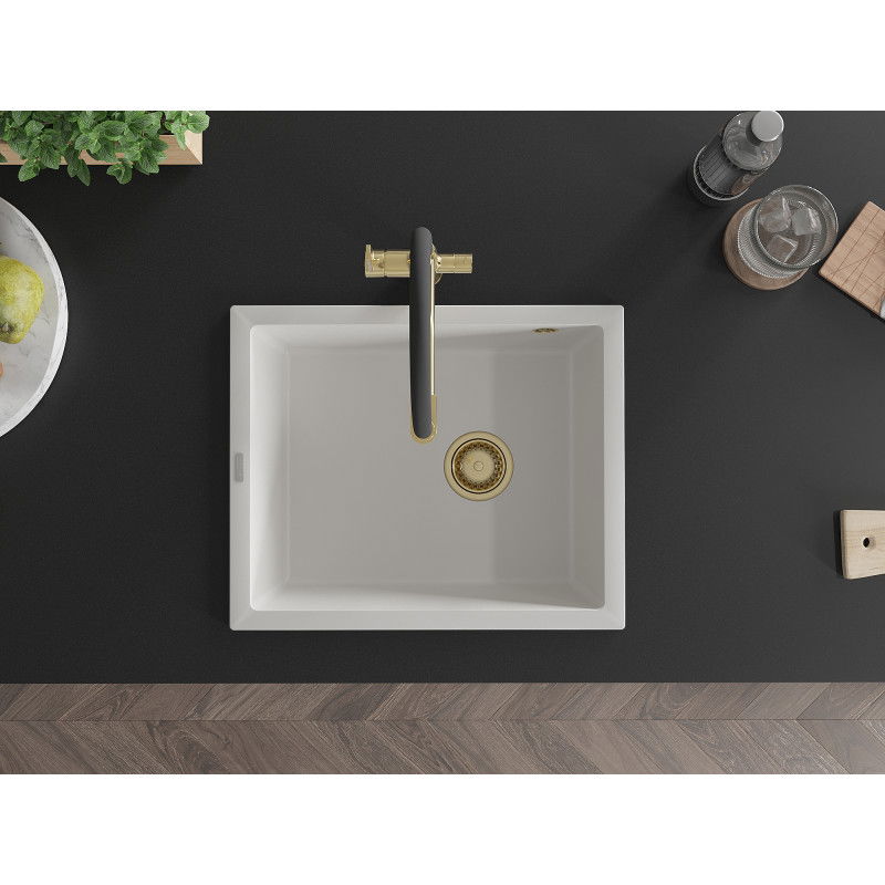 Mexen Pedro akmens masės plautuvė 1 skyrius 560 x 460 mm, baltas, auksinis sifonas - 6508561000-20-G