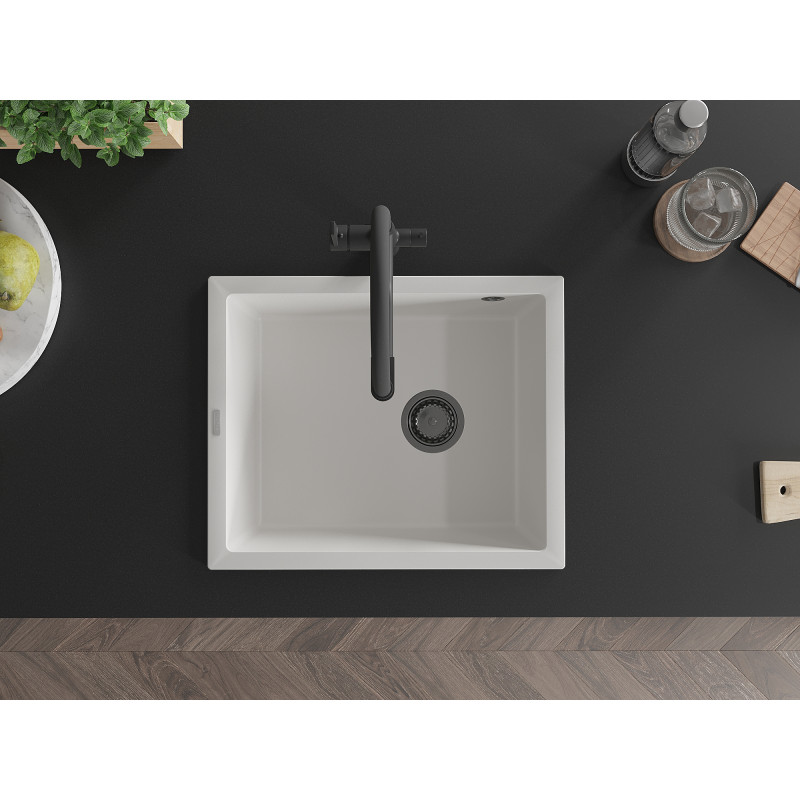 Mexen Pedro granito kriauklė su vienu dubeniu 560 x 460 mm, balta, juodas sifonas - 6508561000-20-B