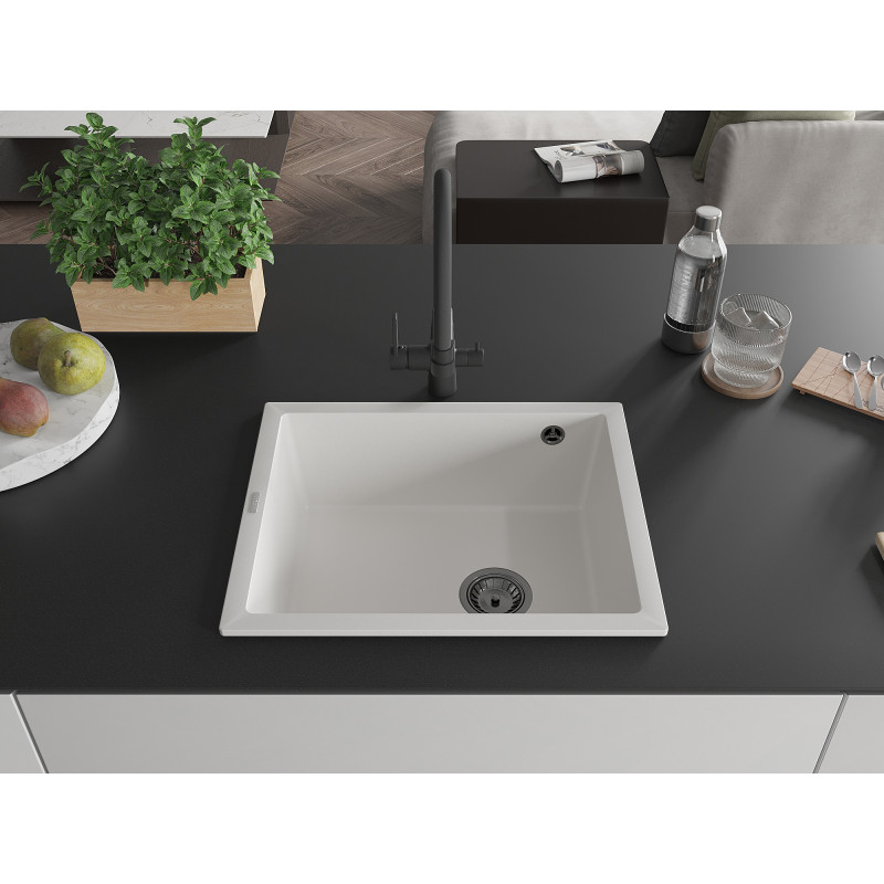 Mexen Pedro granito kriauklė su vienu dubeniu 560 x 460 mm, balta, juodas sifonas - 6508561000-20-B