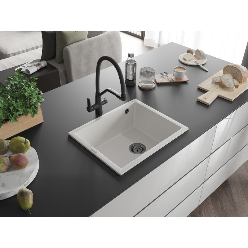 Mexen Pedro granito kriauklė su vienu dubeniu 560 x 460 mm, balta, juodas sifonas - 6508561000-20-B